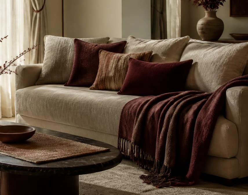 Cushions and a throw layered on a sofa