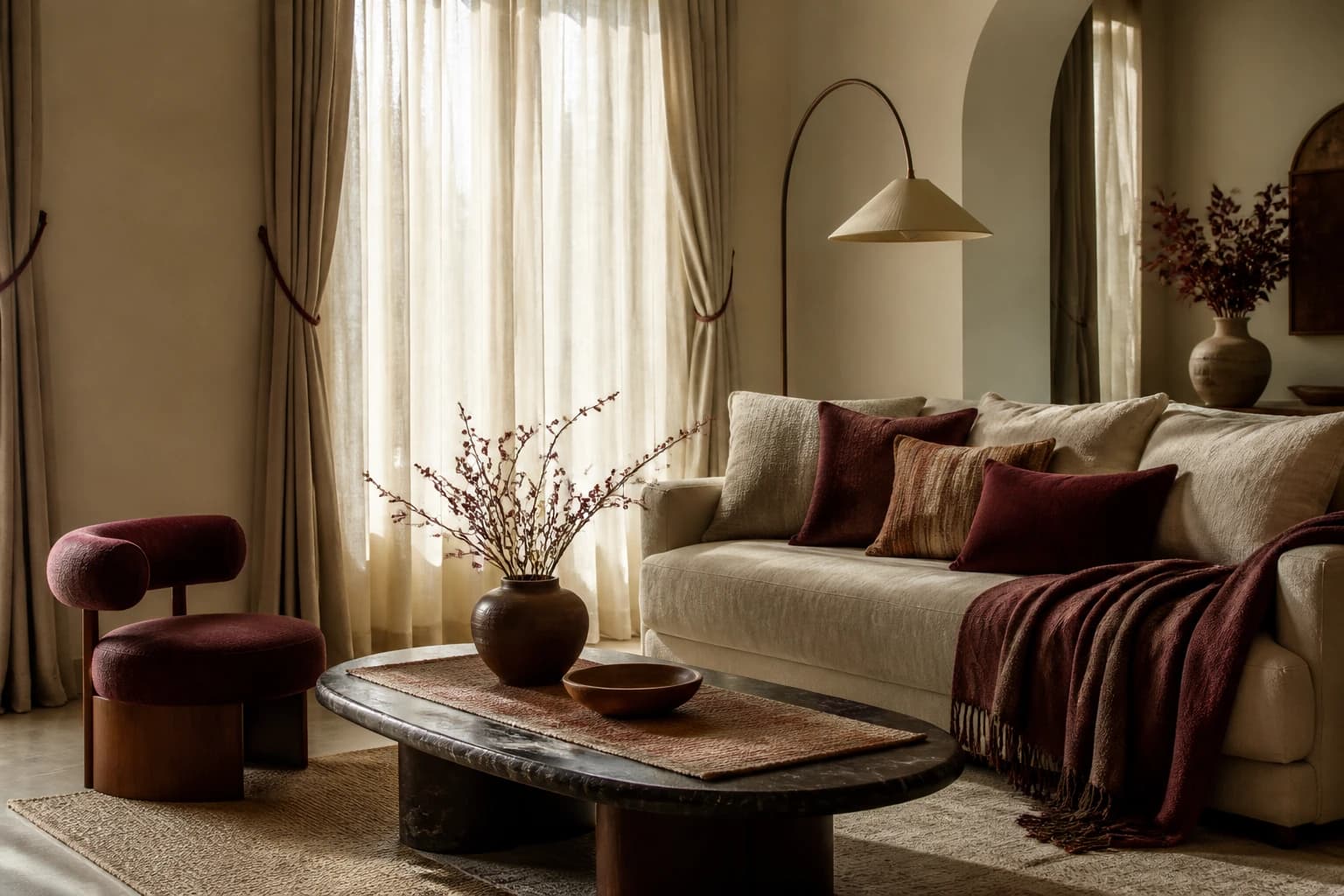 A serene living room layered in stone, clay, and muted burgundy